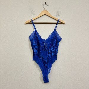 VTG VICTORIA'S SECRET Gold Label Bodysuit Blue Teddy Lace Lingerie